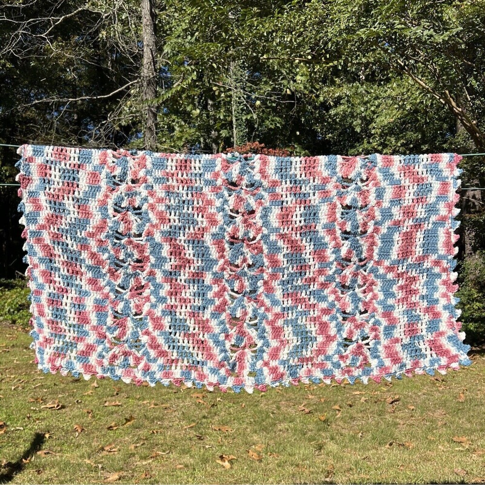 Handmade Crochet Lap Blanket Throw Pink Blue White  Cozy Cottage Cute
